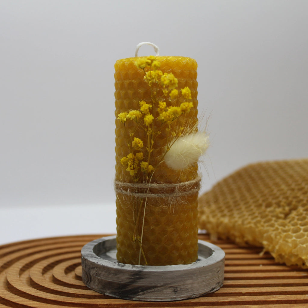 13cm Botanical Beeswax Pillar Candle - Honeycomb Texture, Red Accent