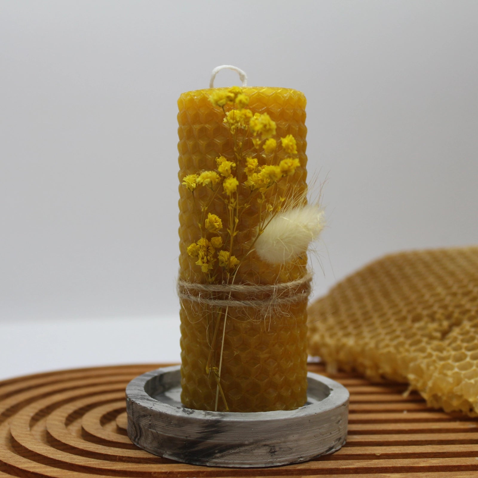 13cm Botanical Beeswax Pillar Candle - Honeycomb Texture, Red Accent