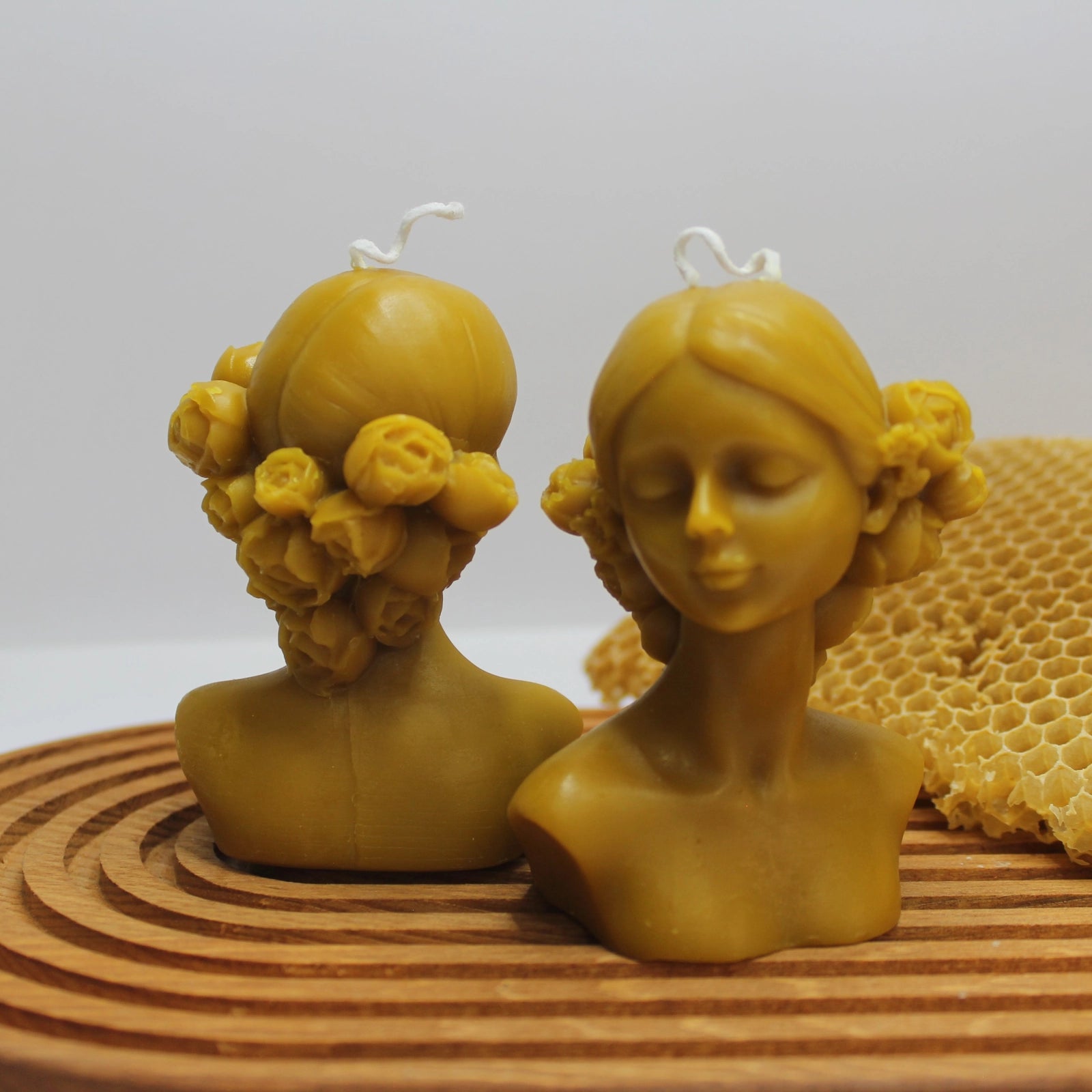 Elegant Lady Bust Beeswax Sculpture Candle - Floral Hair Detail