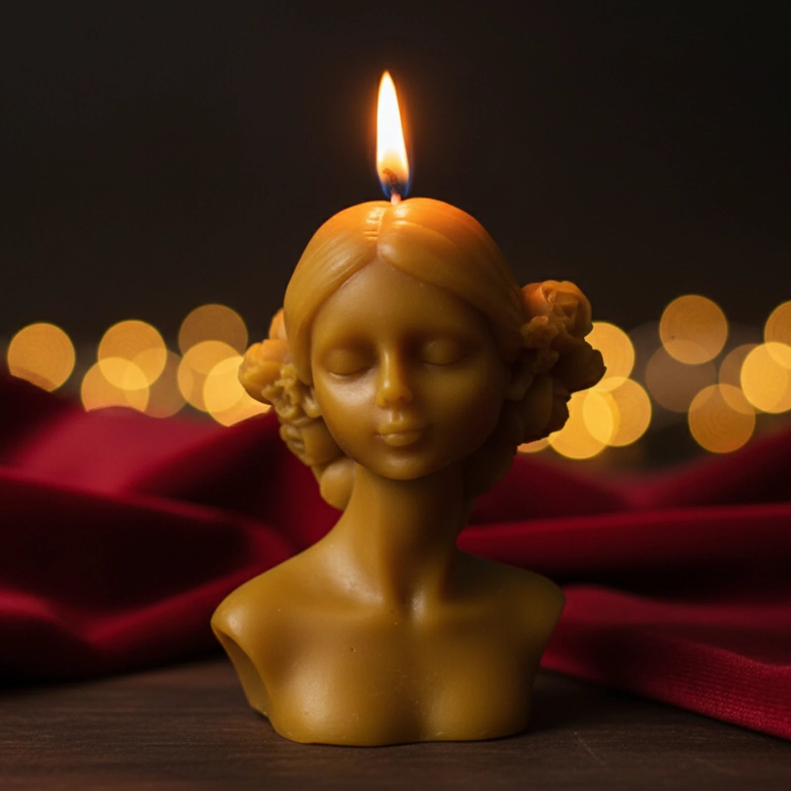 Elegant Lady Bust Beeswax Sculpture Candle - Floral Hair Detail