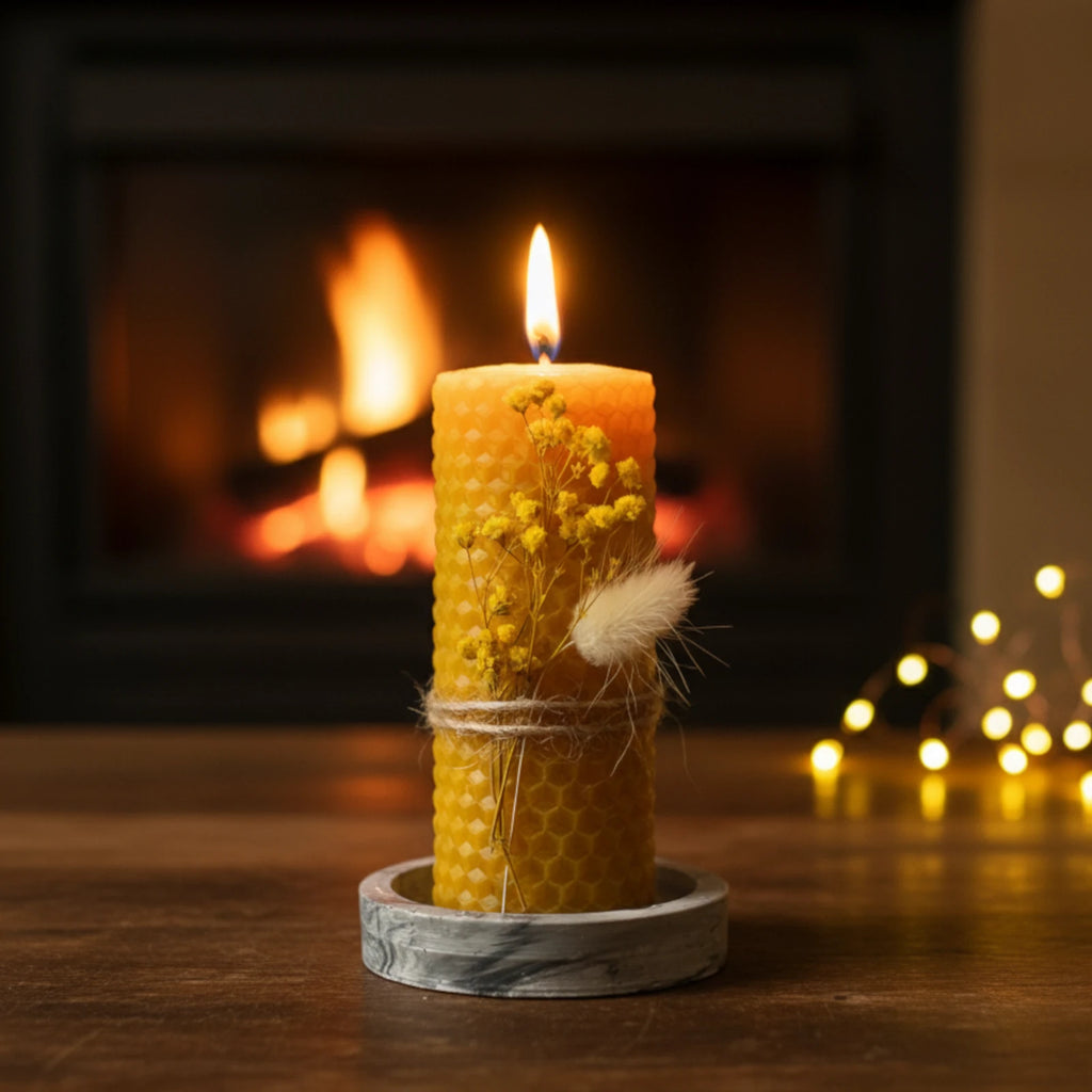 13cm Botanical Beeswax Pillar Candle - Honeycomb Texture, Red Accent
