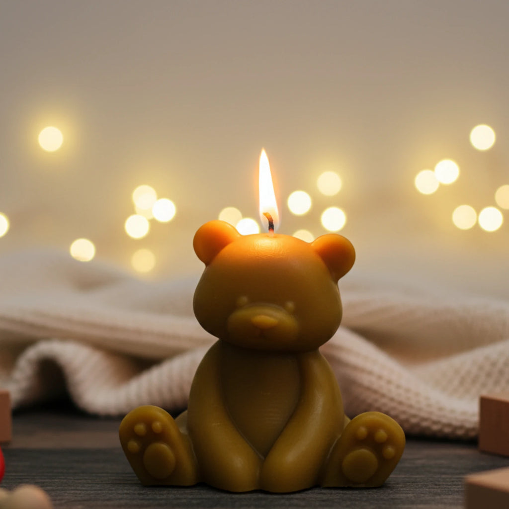 Teddy Bear Beeswax Sculpture Candle - Adorable Natural Decor
