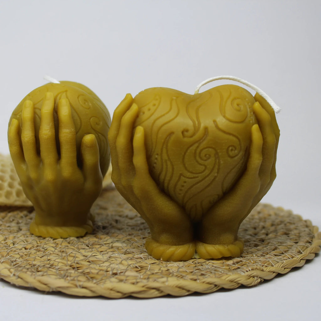 Hands Holding Heart Beeswax Sculpture Candle - Symbol of Love